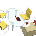 Glass Top Coffee Table with Wooden Chairs Laptop Cup Near Wooden Cabinet and Potted Plant