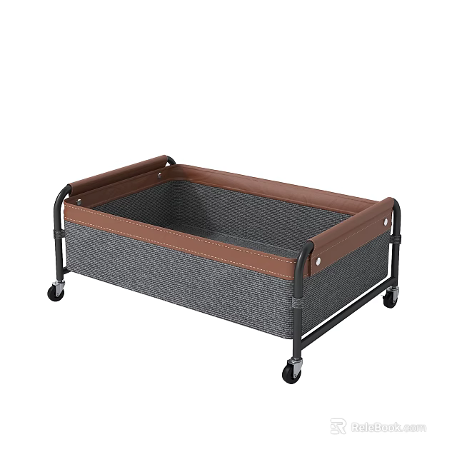 Gray Fabric Storage Bin With Brown Leather Trim Metal Frame And Rolling Wheels 3d model 