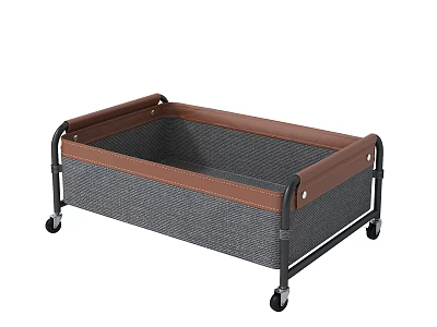 Gray Fabric Storage Bin With Brown Leather Trim Metal Frame And Rolling Wheels 3d model