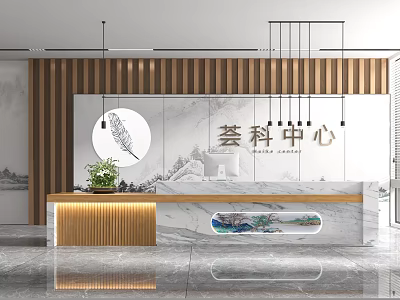 Elegant Hotel Lobby Interior With Marble Reception Desk Wooden Decor Hanging Lights And Green Plant 3d model