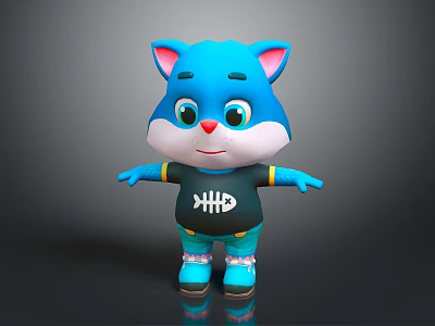 Blue Cartoon Cat Character With Black T Shirt Fishbone Design And Blue Pants Shoes 3d model