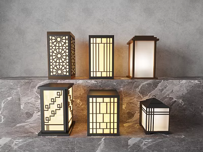 Illuminated Modern Outdoor Lights With Geometric Patterns And Laser Cut Designs On Marble Surface 3d model
