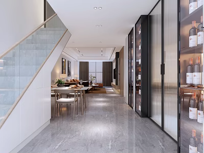 Elegant Modern Dining Room With Glass Staircase Dining Table Chairs And Marble Floor 3d model
