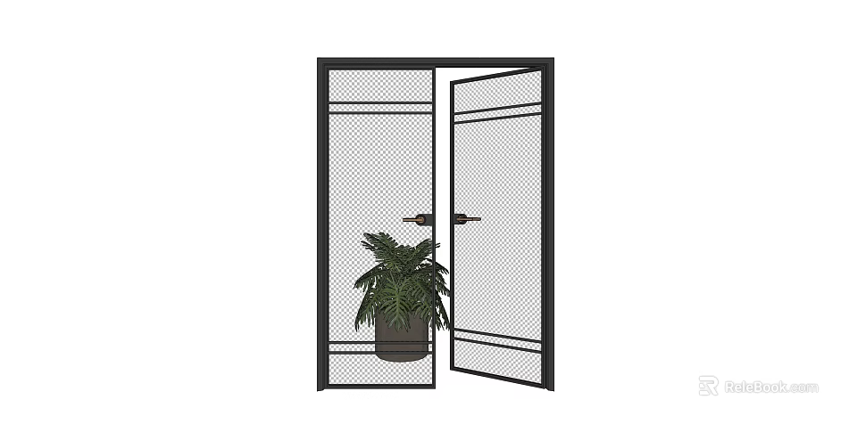 Open Double Doors With Black Frame Mesh Glass And Potted Plant 3d model 