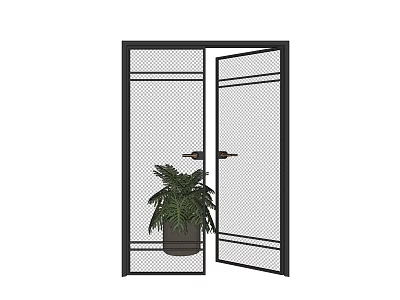 Open Double Doors With Black Frame Mesh Glass And Potted Plant 3d model