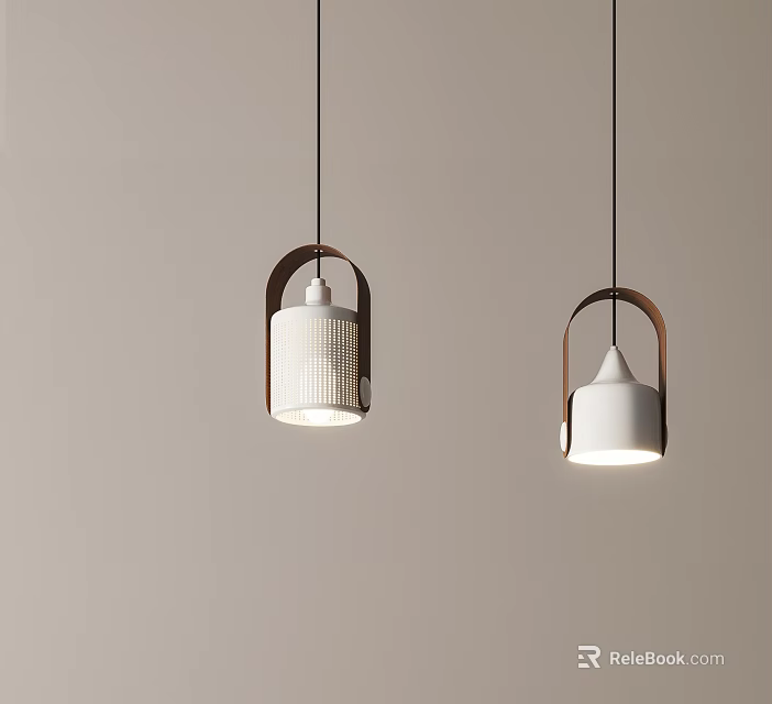 Two Modern Pendant Lights With Wooden Rings And White Shades On Neutral Wall 3d model 