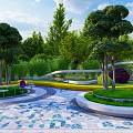 Park Landscape With Winding Paths Lush Trees Circular Lawns And White Spire Structures 3d model