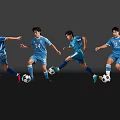 Four men in blue jerseys playing football with dynamic running and kicking on black reflective ground