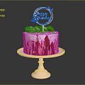 Happy Birthday Cake With White Frosting Pink Drizzle Strawberries And Flowers On Pink Stand