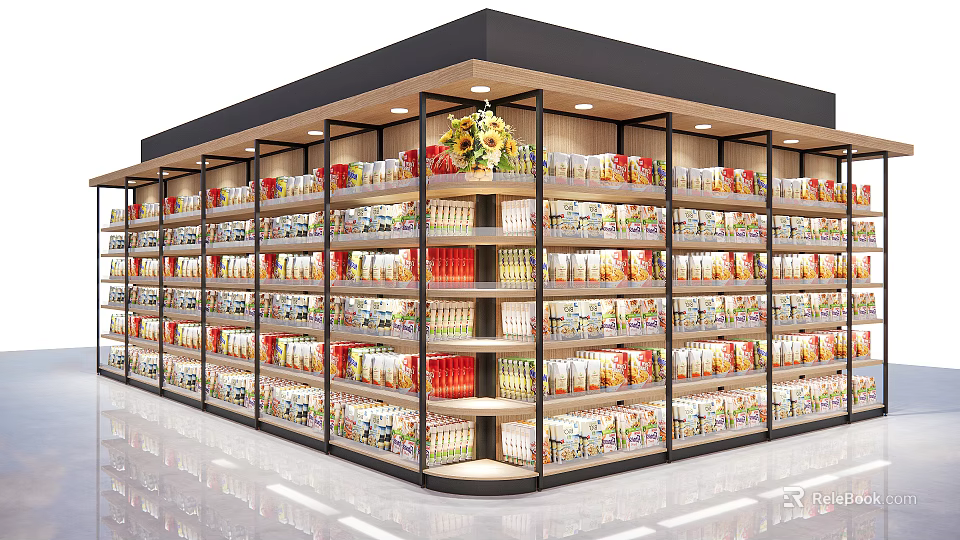 Modern Retail Display Shelves in Store with Multiple Layers Stocked Products 3d model