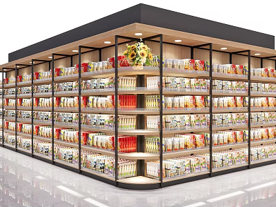 Modern Retail Display Shelves in Store with Multiple Layers Stocked Products 3d model