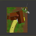 Cartoon Scene with Colorful Houses Red Roof Windmill Wooden Fence and Green Grass