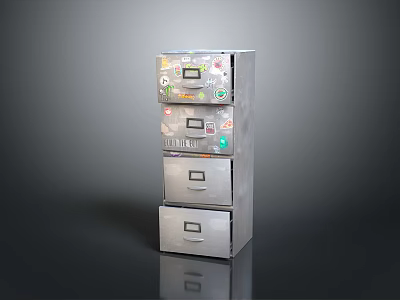 Silver Metal Drawer Cabinet With Multiple Stacked Drawers And Labeled Stickers 3d model