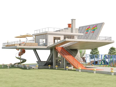 Modern Playground Building With Slide Orange Staircase Colorful Decorations And Outdoor Lawn 3d model