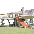 Modern Playground Building With Slide Orange Staircase Colorful Decorations And Outdoor Lawn
