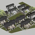 Chinese Style Semi-detached Villa With Symmetric Design Gray Roof And Front Green Plants