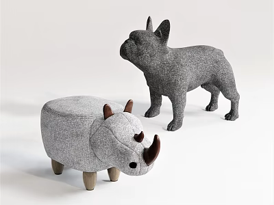 Gray Rhinoceros Shaped Stool With Brown Horns And French Bulldog Figurine 3d model