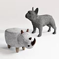 Gray Rhinoceros Shaped Stool With Brown Horns And French Bulldog Figurine