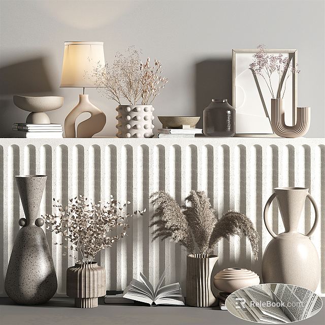 Elegant Modern Decorative Ornament Set With Vases Dried Flowers Lamp And Wall Art 3d model 
