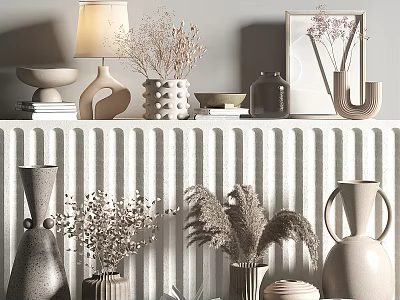 Elegant Modern Decorative Ornament Set With Vases Dried Flowers Lamp And Wall Art 3d model