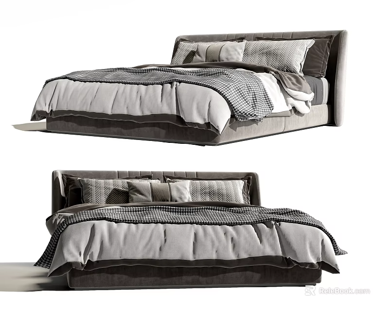 Modern Double Bed With Upholstered Headboard Gray And White Striped Bedspread And Soft Pillows 3d model 