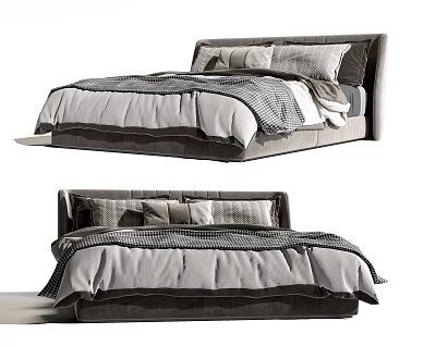 Modern Double Bed With Upholstered Headboard Gray And White Striped Bedspread And Soft Pillows 3d model