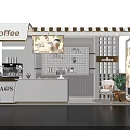 Modern Coffee Booth Interior Design With Counter Coffee Machine Display Shelf Chair And Plant