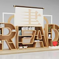 Creative READ Shaped Bookshelf Interior With Books Plants Heart Decoration and Reading Character