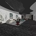 Modern Hotel Lobby Interior With Wavy Ceiling Black Marble Floor Sofa And Plants 3d model