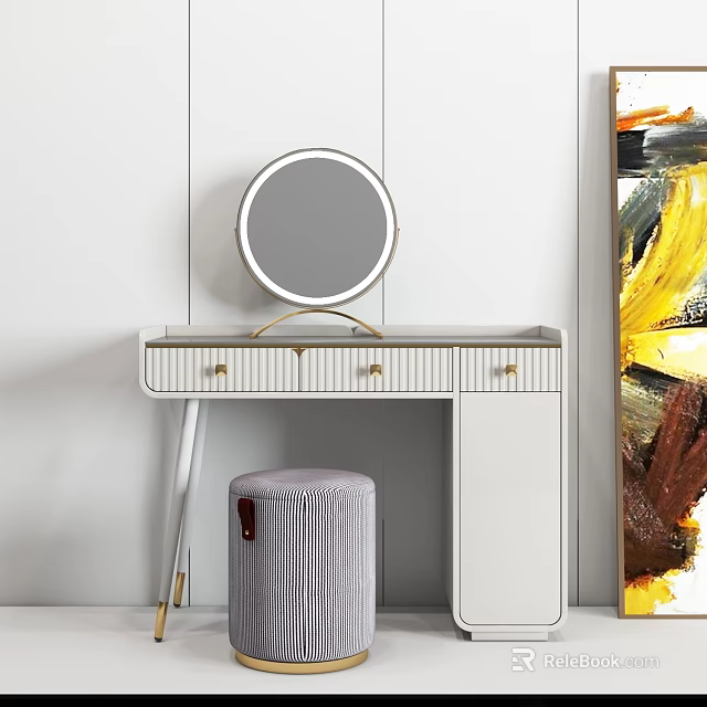 Modern White Dressing Table With Round Mirror Stool And Abstract Painting 3d model