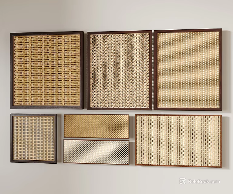 Various Woven Textured Wall Decor Panels with Dark Wooden Frames 3d model 