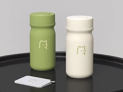 Green And White Cups With Cat Patterns Placed On Black Tray Including White Card 3d model