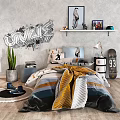 Stylish Double Bed Room With Graffiti Decor Skateboard Bedside Lamps And Pillows
