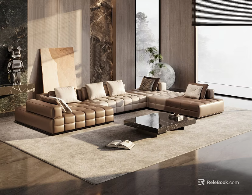 Modern Sectional Sofa In Living Room Interior With Coffee Table Area Rug And Large Window 3d model 