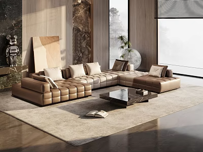 Modern Sectional Sofa In Living Room Interior With Coffee Table Area Rug And Large Window 3d model