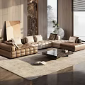 Modern Sectional Sofa In Living Room Interior With Coffee Table Area Rug And Large Window