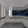 Modern Exhibition Hall Featuring Large Blue Wavy Screen Person Standing Gray Walls and Large Windows