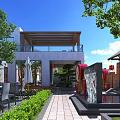 Modern Detached Villa Exterior With Courtyard Greenery And Car In Tree Surrounded Area