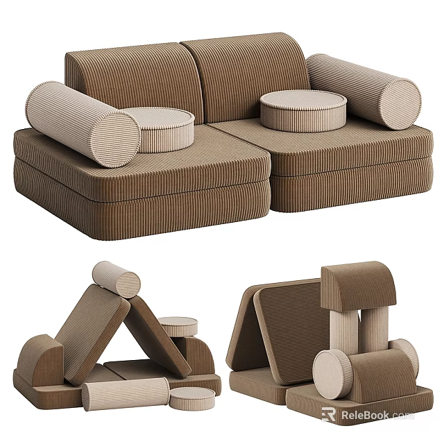 Brown Corduroy Modular Sofa With Armrests Round Stools And Detachable Components 3d model 