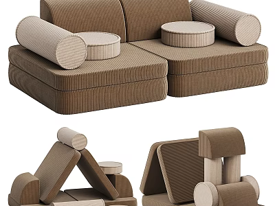 Brown Corduroy Modular Sofa With Armrests Round Stools And Detachable Components 3d model