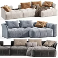 Modern Tufted Sectional Sofa With Multiple Pillows And Warm Blanket In Neutral Blue Tones 3d model