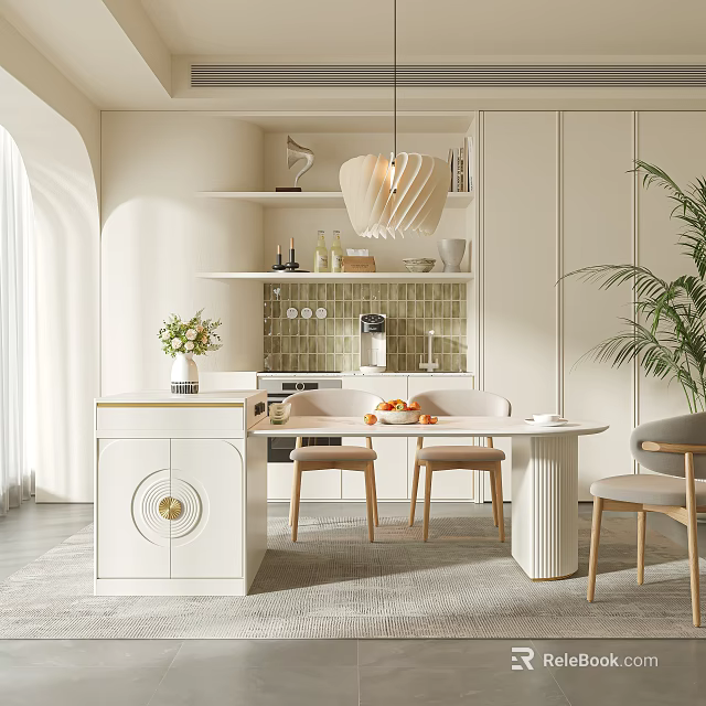 Modern Restaurant Interior With Dining Table Chairs Pendant Light And Green Plant 3d model 