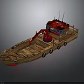 Wooden Water Boat Featuring Red Excavator Wooden Deck and Antennas Design