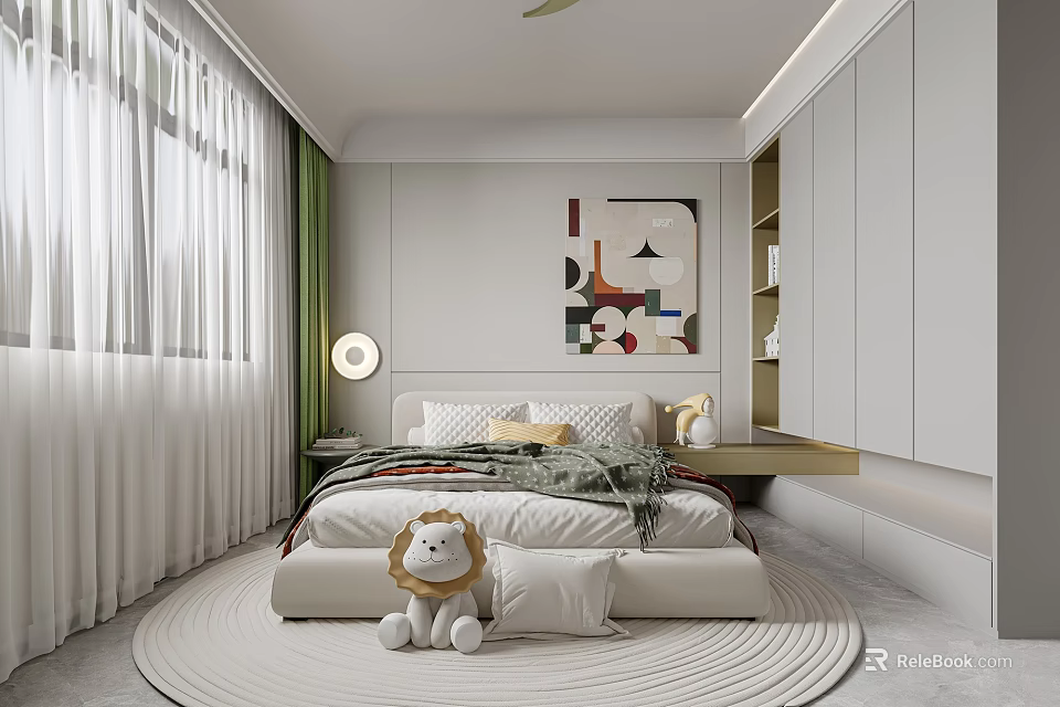 Kids Room Interior With Bed Stuffed Lion Toy Round Rug Decorative Painting And Green Curtains 3d model 