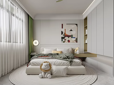 Kids Room Interior With Bed Stuffed Lion Toy Round Rug Decorative Painting And Green Curtains 3d model