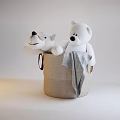 Stuffed Toys White Teddy Bear and Dog Plush in a Woven Basket with Gray Blanket