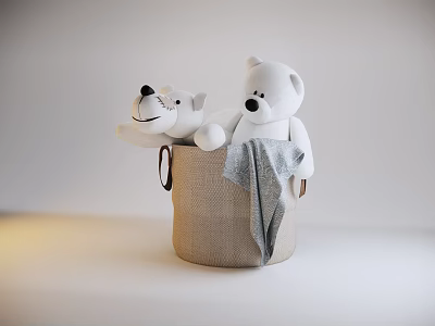 Stuffed Toys White Teddy Bear and Dog Plush in a Woven Basket with Gray Blanket 3d model