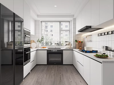 Modern Kitchen Interior Design With White Cabinets Black Appliances And Natural Light 3d model