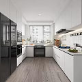 Modern Kitchen Interior Design With White Cabinets Black Appliances And Natural Light