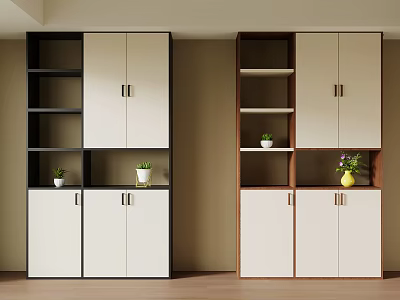 Modern Two Tone Bookcase Design With Open Shelves Cabinet Doors And Potted Plants 3d model